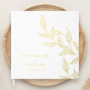Simple Modern Leaves White Wedding Gold Guest Book