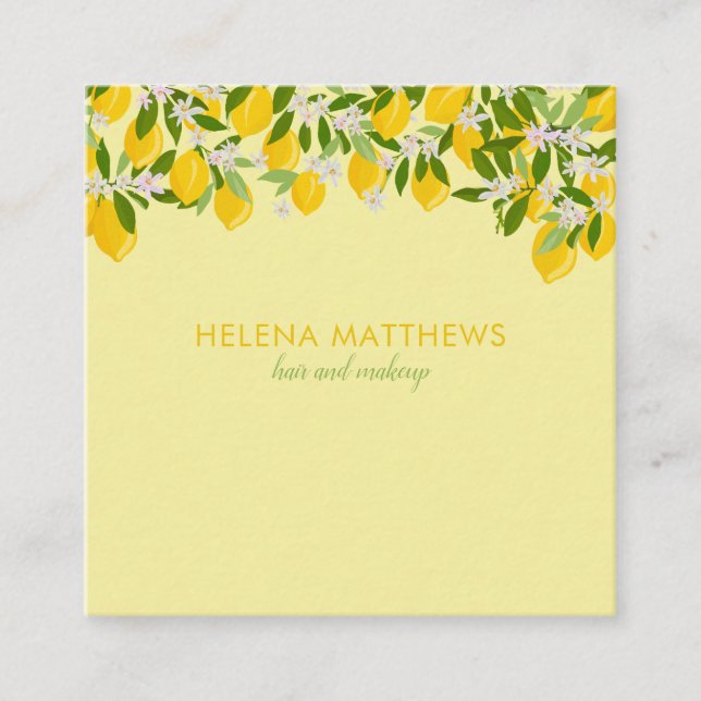 Simple Modern Lemons Greenery Square Business Card (Front)