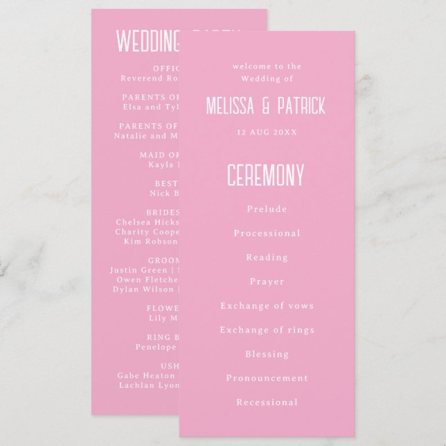 Simple Modern Light Elegant Pink Wedding Programme (Front/Back)