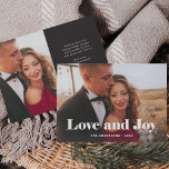 Simple Modern | Love and Joy with Photo Holiday Card<br><div class="desc">This simple and stylish holiday photo card says "Love and Joy" in bold,  white elegant modern typography with your favourite personal family photo across the front of the card. Your personal holiday message can go on the back,  with a minimalist dark charcoal black and white design.</div>