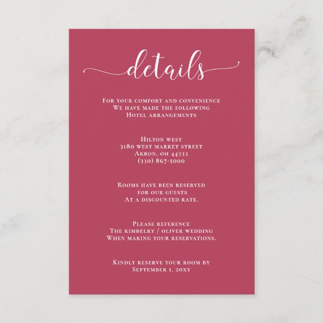 Simple Modern Magenta Wedding Enclosure Card (Front)