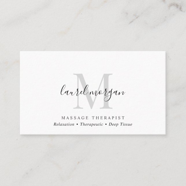 Simple Modern Massage Therapist Script Monogram Business Card (Front)
