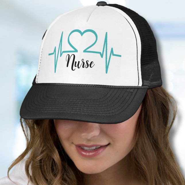 Simple Modern Medical Doctor Nurse Trucker Hat (Teal Blue Modern Heart Beat EKG Line Medical Nurse Trucker Hat)