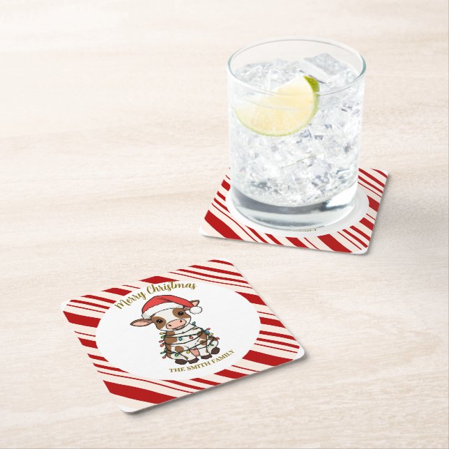 Simple modern merry christmas calf Cow OX pattern Square Paper Coaster (Insitu)