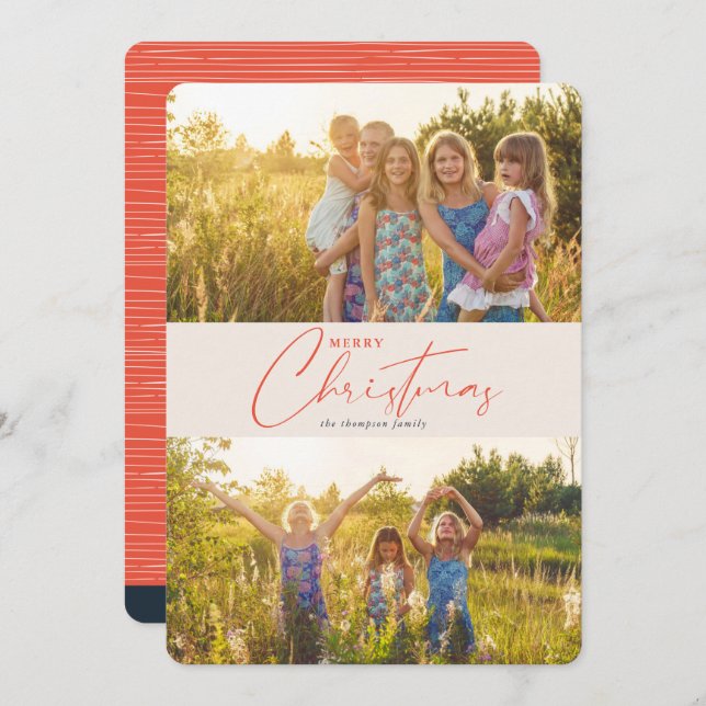 Simple Modern Merry Christmas Coral Script Photo Holiday Card (Front/Back)