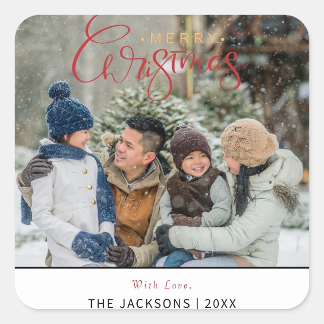 Simple Modern  Merry Christmas Family Photo  Square Sticker (Front)