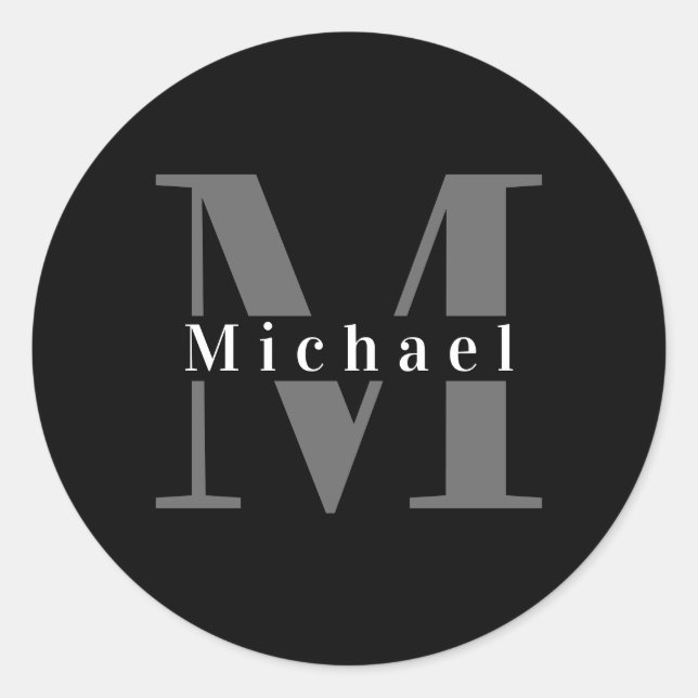 Simple Modern Minimal Black & White Monogram Classic Round Sticker (Front)