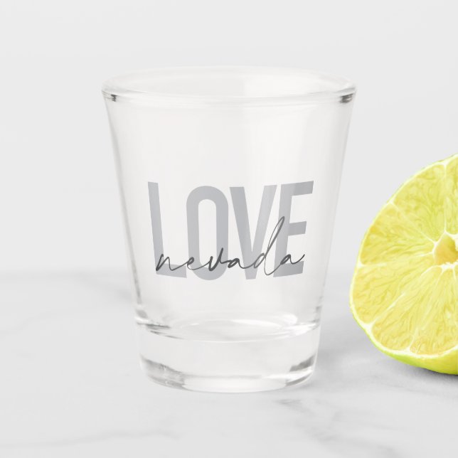 Simple, modern, minimal, cool design Love Nevada Shot Glass (Front)