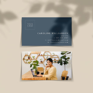 Simple Modern Minimal Dark Blue Logo Photo  Business Card