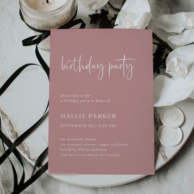 Simple Modern Minimal | Dusty Rose Birthday Party Invitation (A modern, minimal adult birthday party invitation for any age, in trendy dusty rose pink)