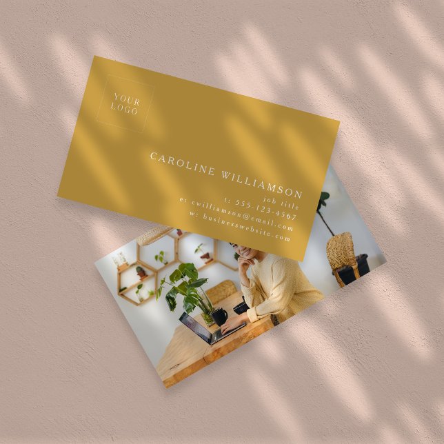 Simple Modern Minimal Dusty Yellow Logo Photo  Business Card (Creator Uploaded)