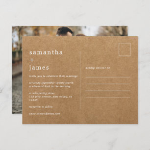 Simple Modern Minimal Faux Kraft Photo Wedding Invitation Postcard