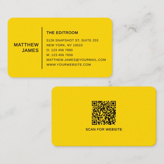 Simple Modern Minimal Golden Yellow QR Code Business Card (Front/Back)