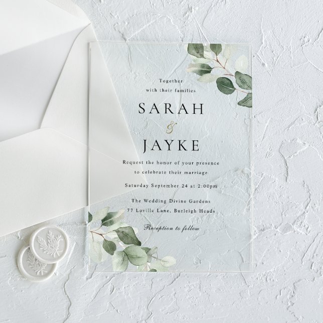 Simple Modern Minimal Green Leaf Wedding Acrylic Invitations (Creator Uploaded)