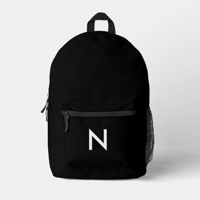 Simple Modern Minimal Monogrammed Black White Printed Backpack (Front)