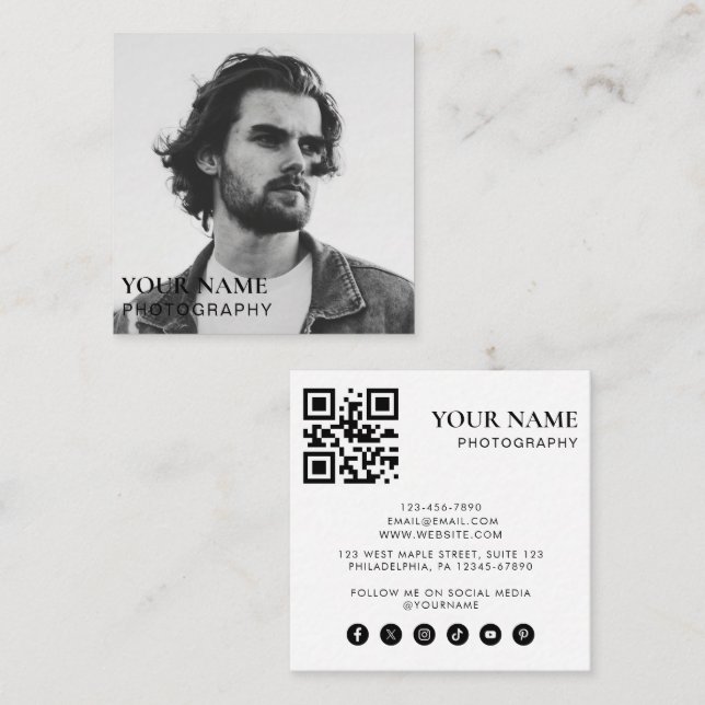 Simple Modern Minimal Photo QR Code Social Media  Square Business Card (Front/Back)