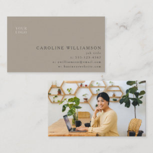 Simple Modern Minimal Taupe Brown Logo Photo Business Card