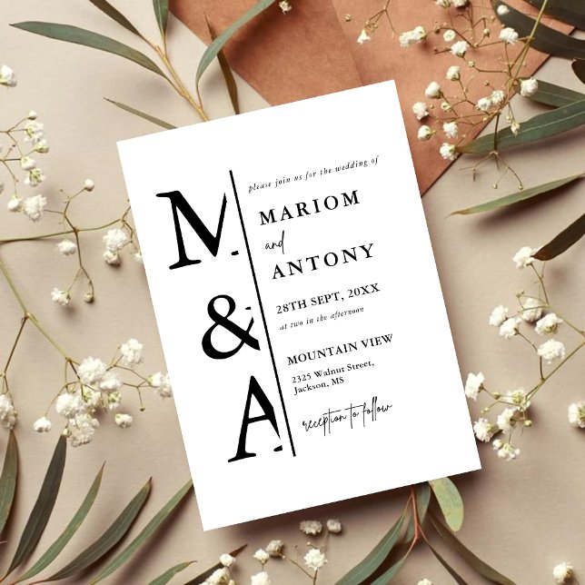 Simple Modern Minimalist Black And White Wedding Invitation (Simple modern black and white invitation adds sleek minimalist elegance to your wedding stationery)
