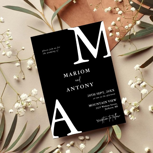 Simple Modern Minimalist Black And White Wedding Invitation (Simple modern black and white invitation adds clean elegance to your wedding stationery suite)