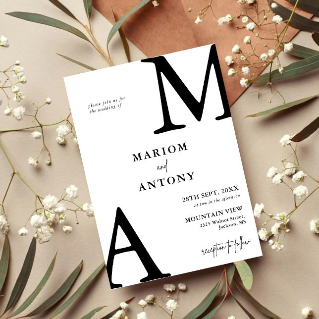 Simple Modern Minimalist Black And White Wedding Invitation (Simple modern black and white invitation creates a clean elegant look for your wedding day
)