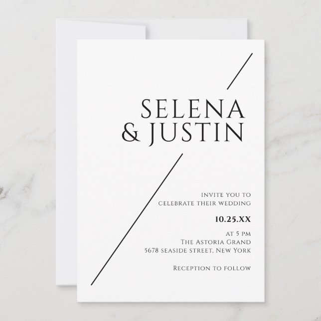 Simple Modern Minimalist Black And White Wedding  Invitation (Front)