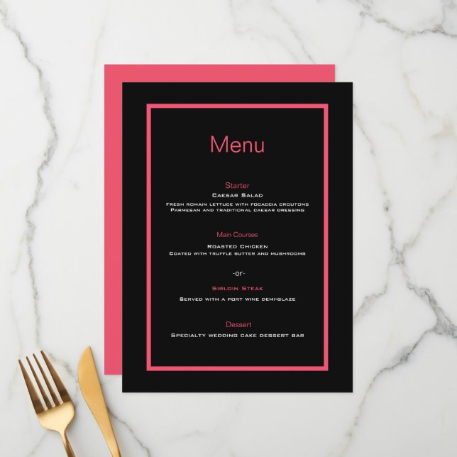 Simple modern minimalist black pink wedding  menu (Front/Back In Situ)