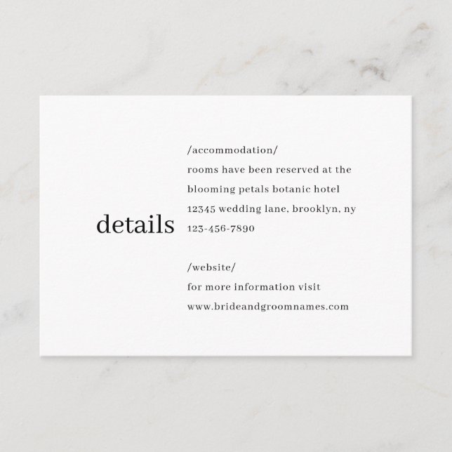Simple Modern Minimalist Black Wedding Details Enclosure Card (Front)