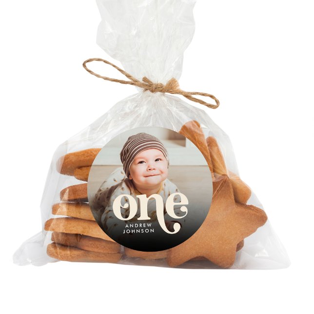 Simple Modern Minimalist Boho 1st Birthday Photo  Classic Round Sticker (Creator Uploaded)