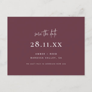Simple Modern Minimalist Burgundy Save the Date Announcement Postcard