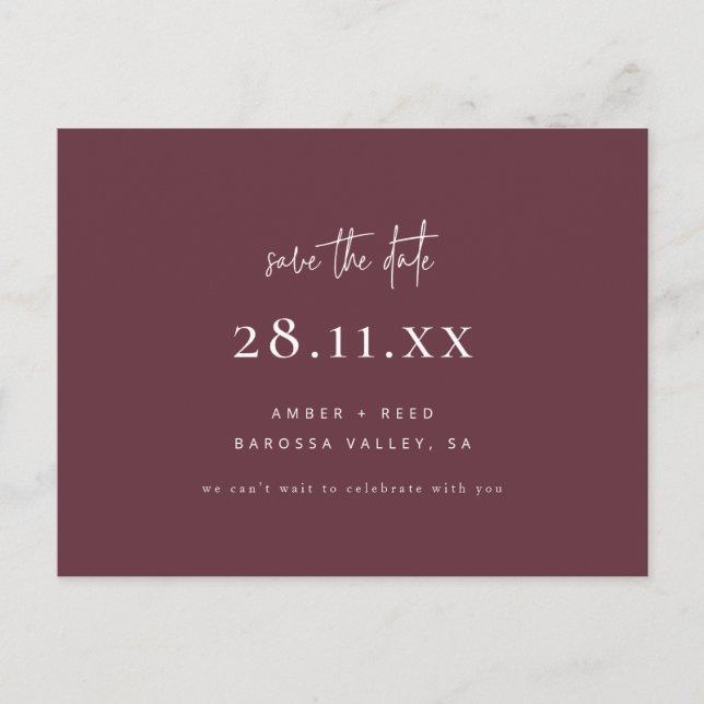 Simple Modern Minimalist Burgundy Save the Date Announcement Postcard (Front)