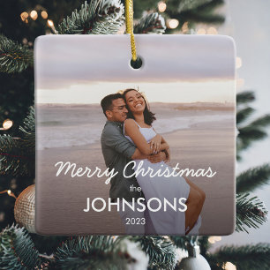 Simple Modern Minimalist Christmas Couple Photo Ceramic Ornament