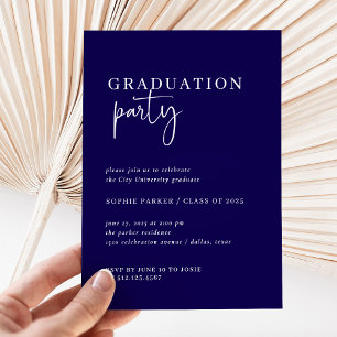 Simple Modern Minimalist Dark Blue Grad Party Invitation