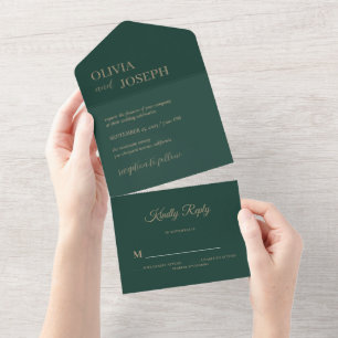 Simple Modern & Minimalist Emerald Green Wedding All In One Invitation