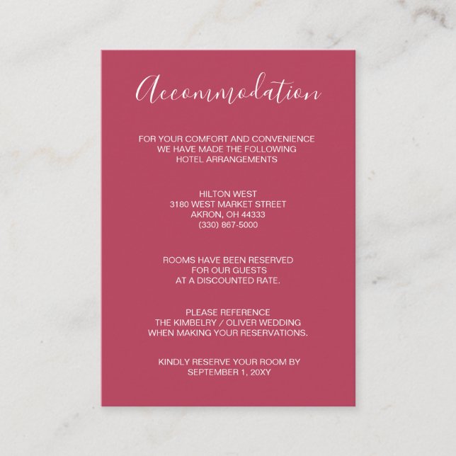 Simple  Modern Minimalist Magenta Wedding Enclosure Card (Front)