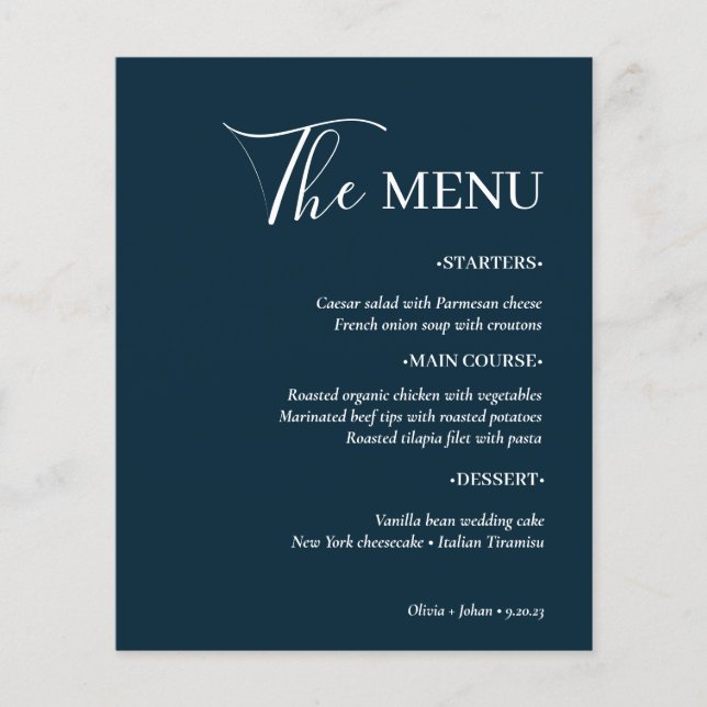 Simple Modern Minimalist | Navy Blue Wedding Menu (Front)