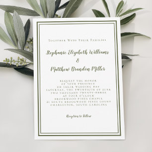 Simple Modern Minimalist Olive Green White Wedding Invitation