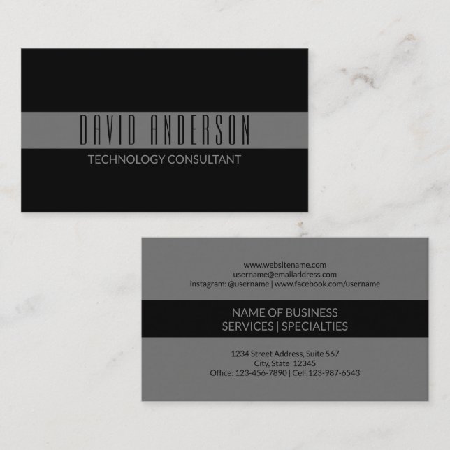 Simple Modern Minimalist Plain Black Grey Stripe Business Card (Front/Back)