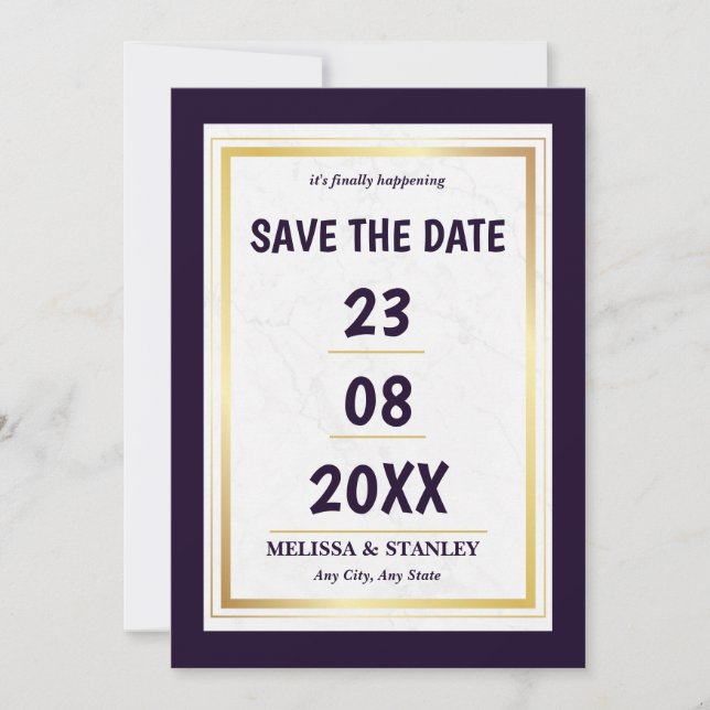 Simple Modern Minimalist Purple Gold Wedding Save The Date (Front)