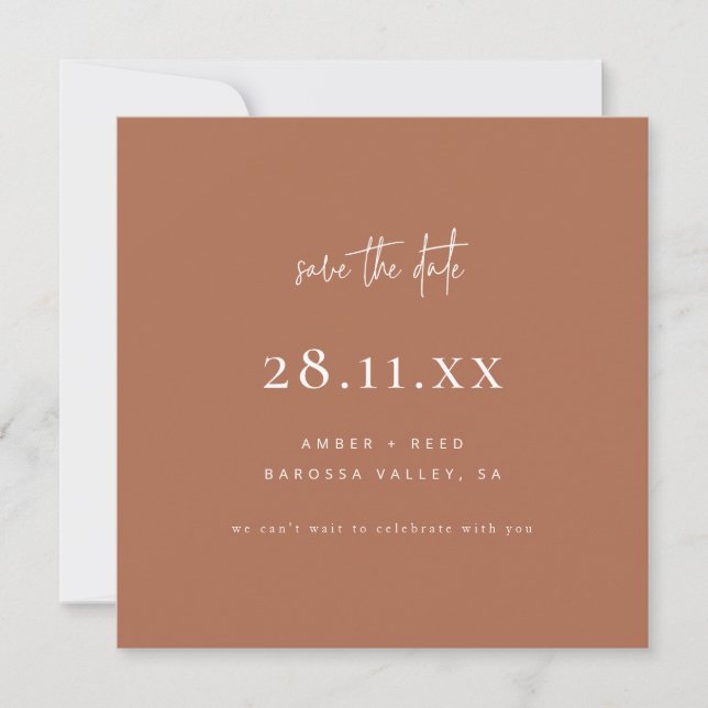 Simple Modern Minimalist Square Copper Script Save The Date (Front)