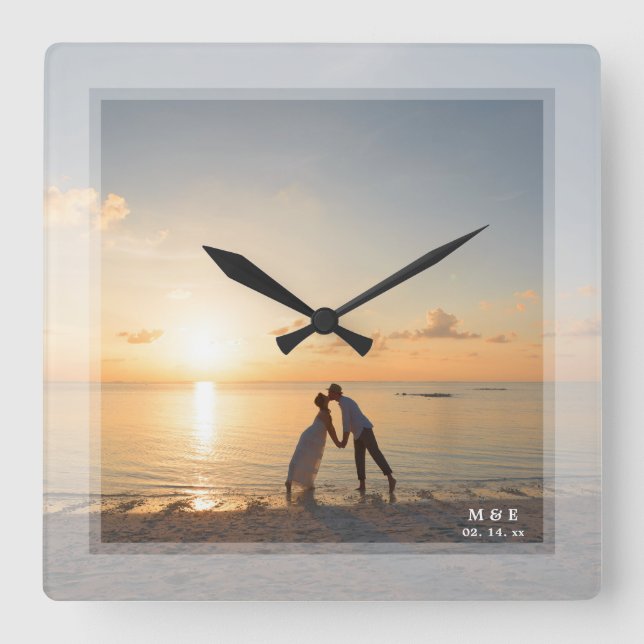 Simple Modern Minimalist Wedding Anniversary Photo Square Wall Clock (Front)