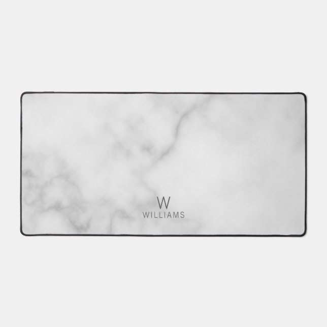 Simple Modern Minimalist White Marble Monogram Desk Mat (Front)