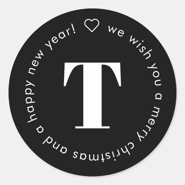 Simple Modern Monogram Black White Christmas Quote Classic Round Sticker (Front)