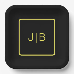 Simple modern monogram, black, yellow custom paper plate