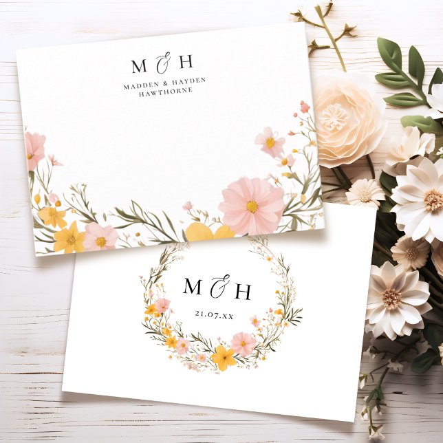 Simple Modern Monogram Couple Wildflower Wedding Card (Creator Uploaded)