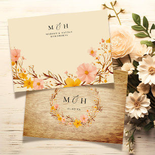 Simple Modern Monogram Couple Wildflower Wood Look Card
