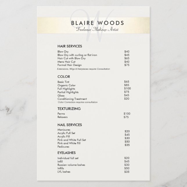 Simple Modern Monogram Gold Price List Menu (Front)