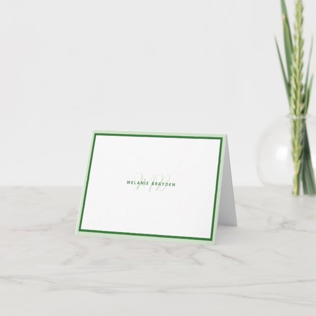 Simple Modern Monogram Green Two Tone Border Note Card (Front)