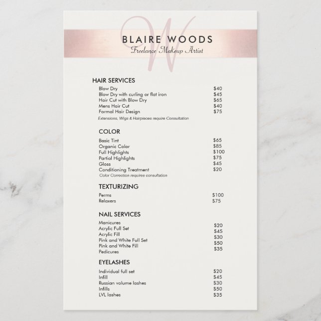 Simple Modern Monogram Rose Gold Price List Menu (Front)