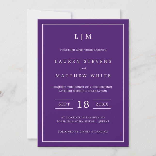 Simple Modern Monogram Royal Purple Wedding Invitation (Front)