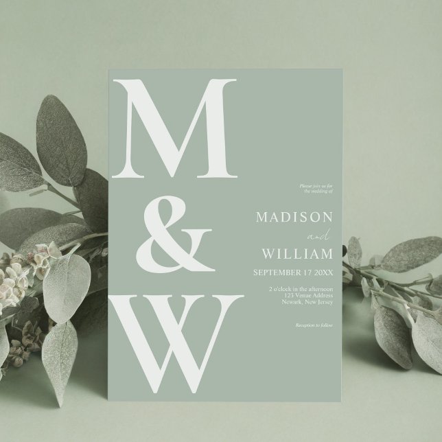 Simple Modern Monogram Sage Green Wedding Invitation (Creator Uploaded)